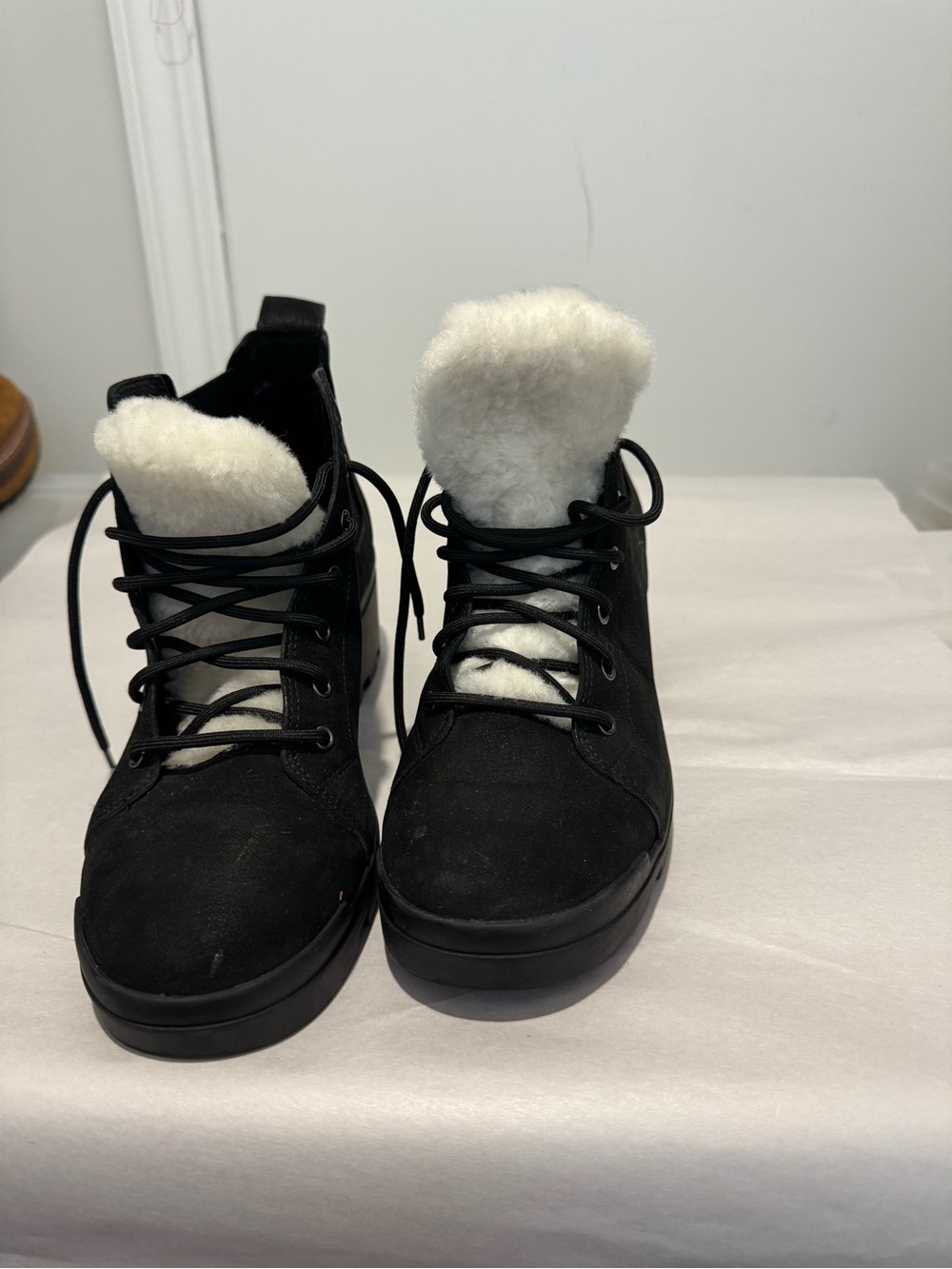 Eileen Fisher Black Suede Ankle Boots with White Shearling Lining